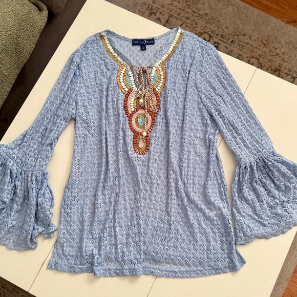 Celestial Blue Peasant Crochet Embroidered 70s Bohemian Bell Sleeves Top XL - Picture 3 of 5
